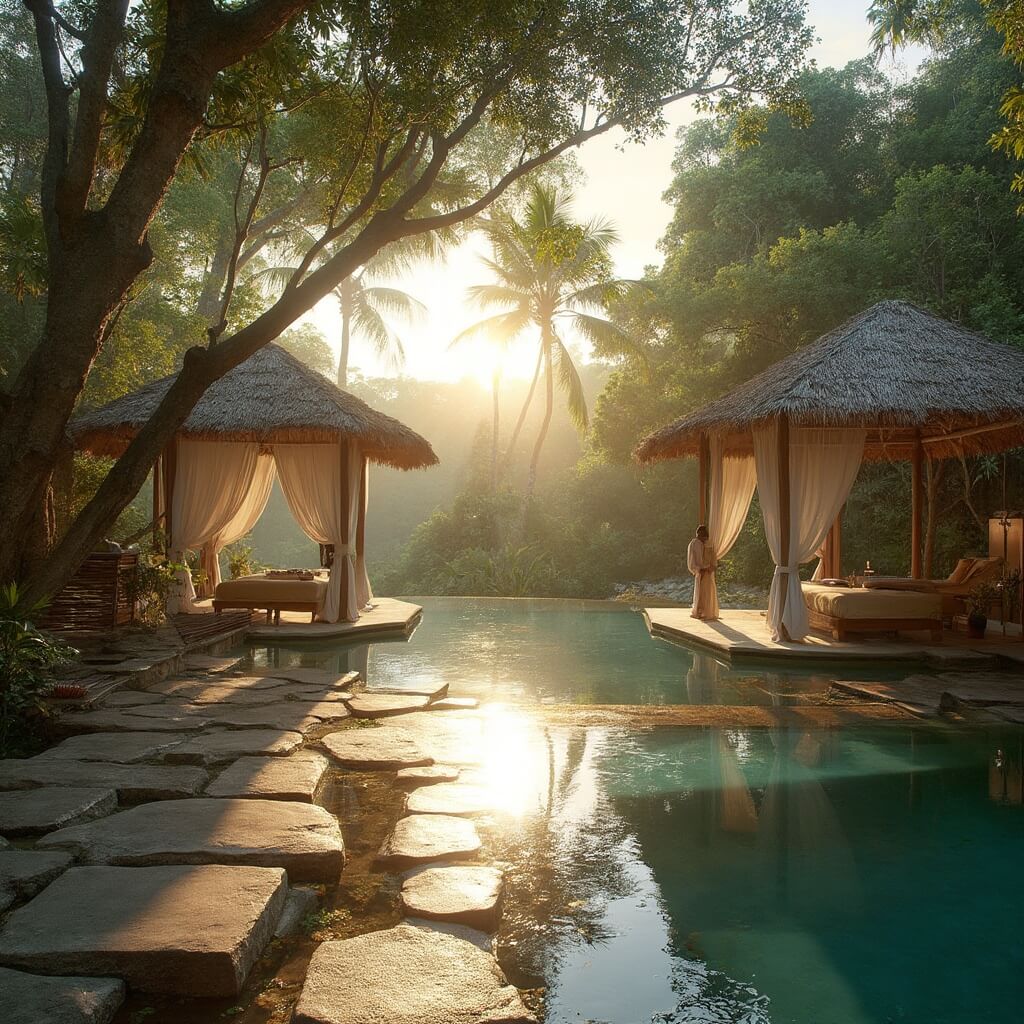 Private infinity pool at sunrise in a luxury outdoor wellness space overlooking lush rainforest, with stone pathways leading to bamboo pavilions and traditional Balinese umbrellas