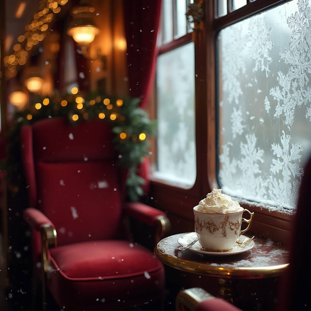 Christmas decorated luxury train interior with red velvet seats, garland-wrapped brass railings, twinkling fairy lights, a mug of hot chocolate on a table, and snowfall viewed through an ice patterned window.