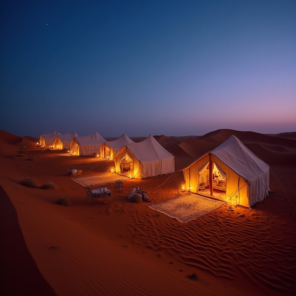 Luxury Bedouin tents in Sahara desert at dusk with Moroccan carpets leading to glowing lantern-lit entrances, surrounded by pristine orange sand dunes under a transitioning blue to purple sky