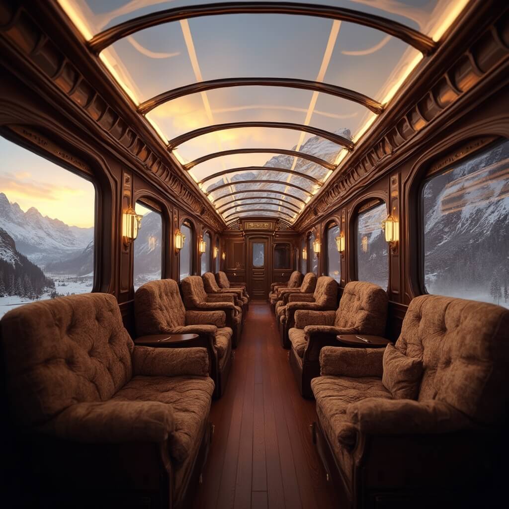 Luxury train carriage interior with plush seats, polished wood, brass accents, and glass-dome ceiling showcasing snow-capped mountains during sunset