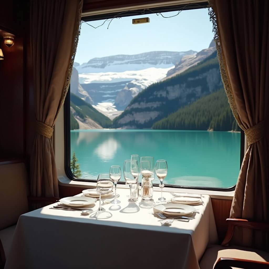 Elegant dining setup inside luxury train car with view of Emerald Lake Louise and snowy Victoria Glacier through window