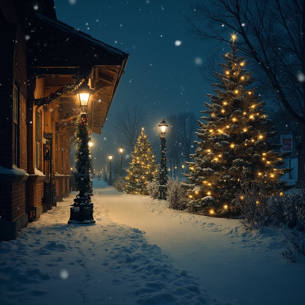 Decorated Christmas trees and antique lampposts covered in snow at a heritage train station transformed into the North Pole with warm golden light from station windows casting a magical glow