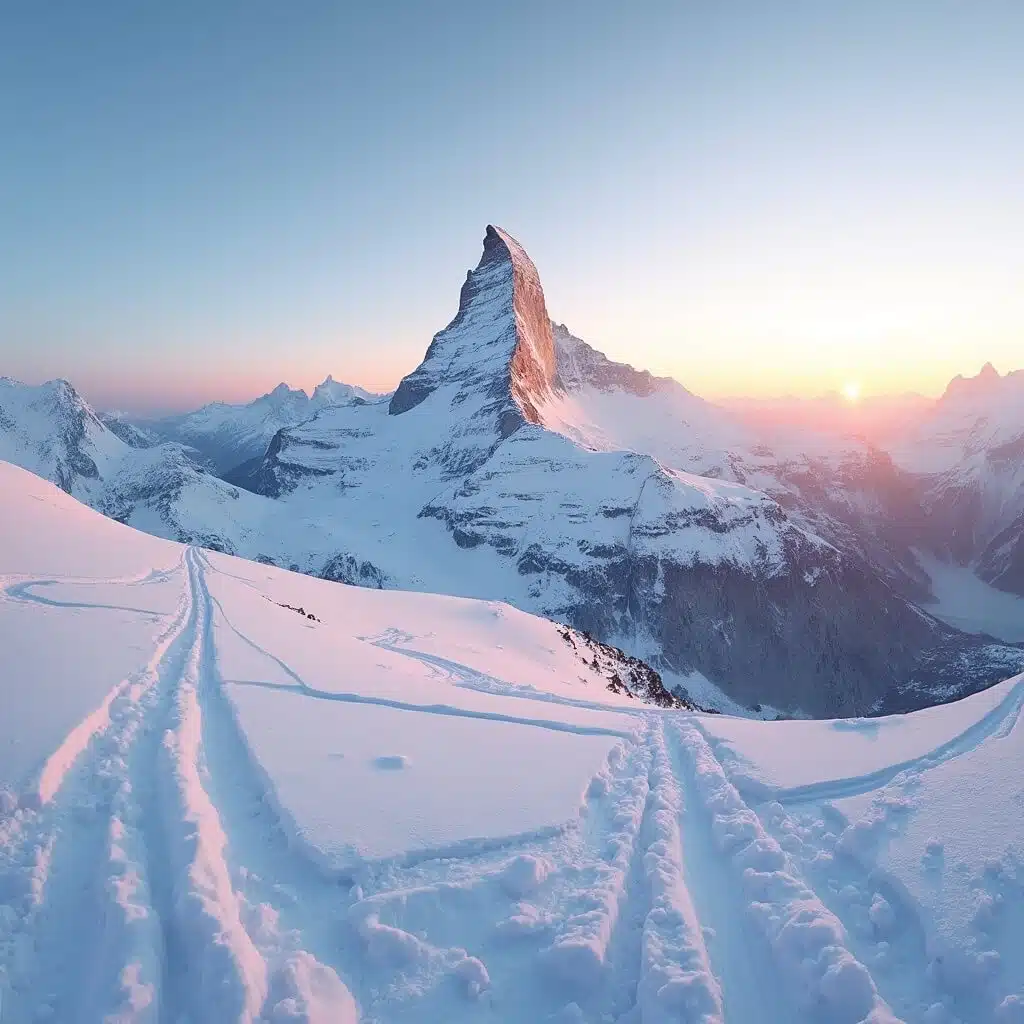 Majestic Matterhorn peak at sunset with fresh snow and ski tracks, illuminated by golden alpenglow in high-resolution winter landscape photography