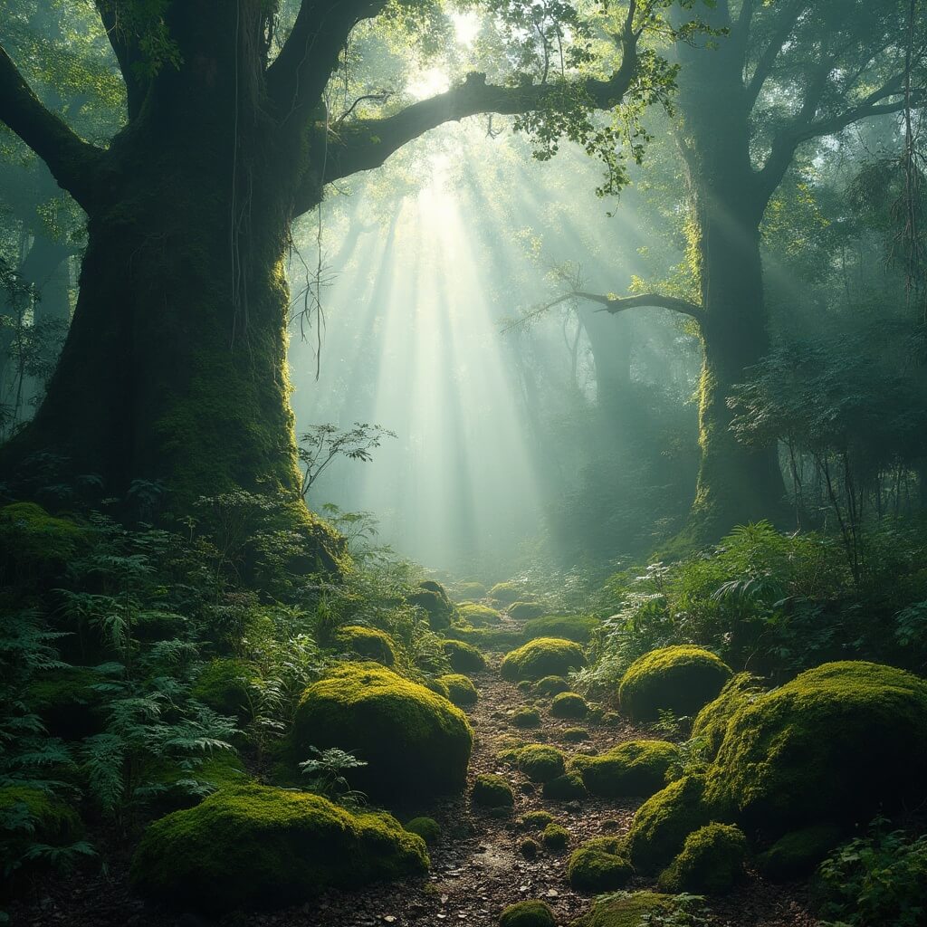 Misty morning in ancient Laurissilva Forest with sunlight filtering through old-growth laurels illuminating moss-covered stones and endemic ferns
