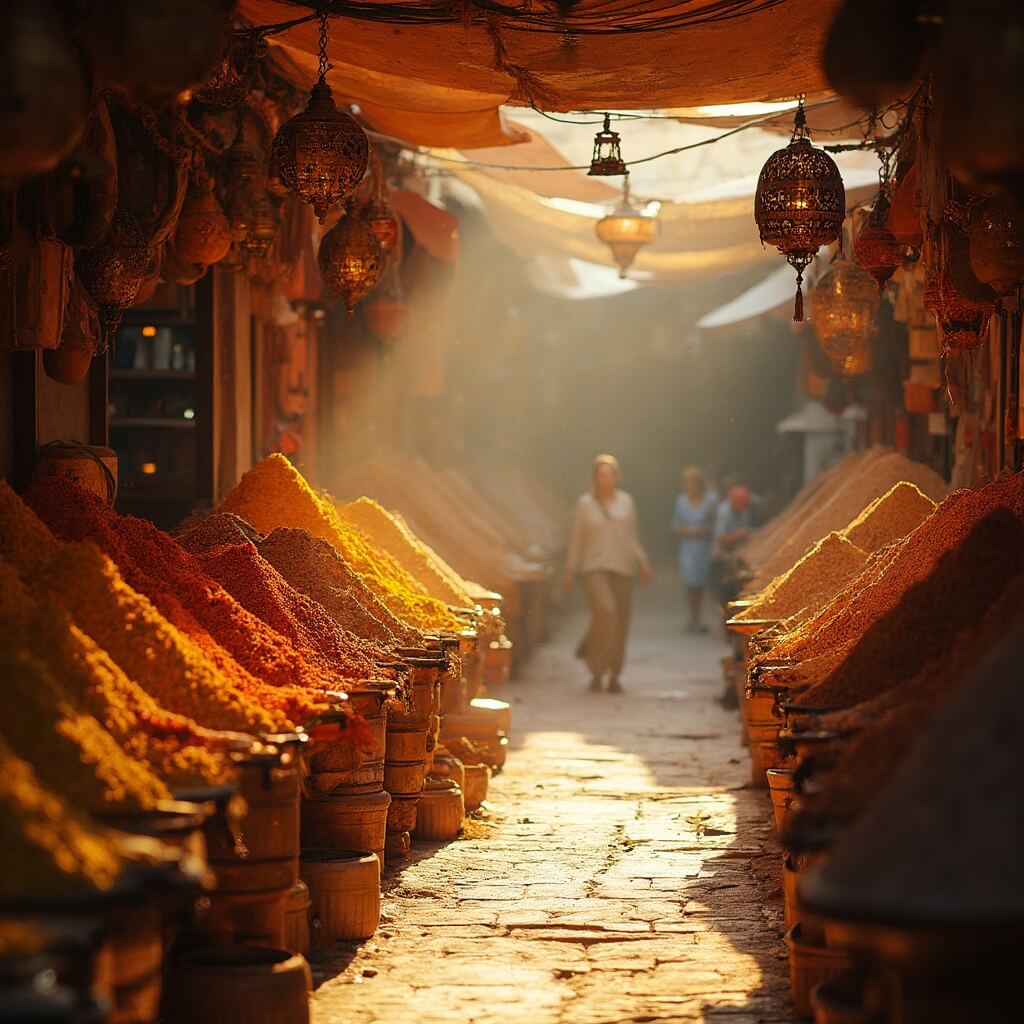 Colorful Moroccan marketplace at golden hour with pyramids of spices, hanging brass lanterns, woven baskets, and sunlight filtering through the souk's roof