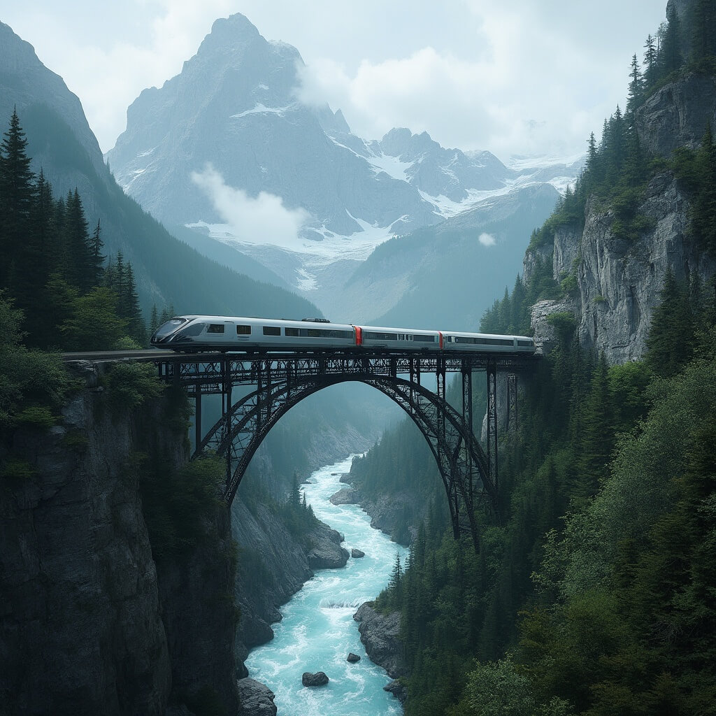 Silver train crossing a steel trestle bridge over turquoise glacial waters, surrounded by evergreen forests and mountains shrouded in misty clouds
