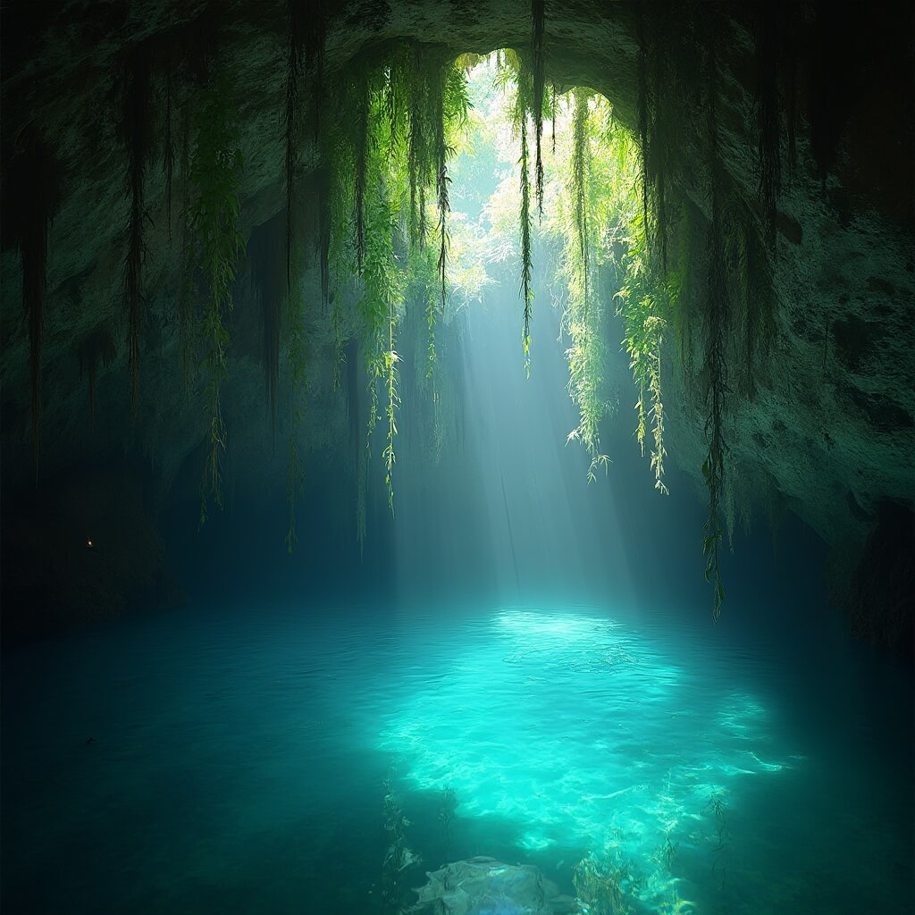 Vines hanging from semi-open cenote cave with piercing light beams illuminating misty air and touching pristine blue waters