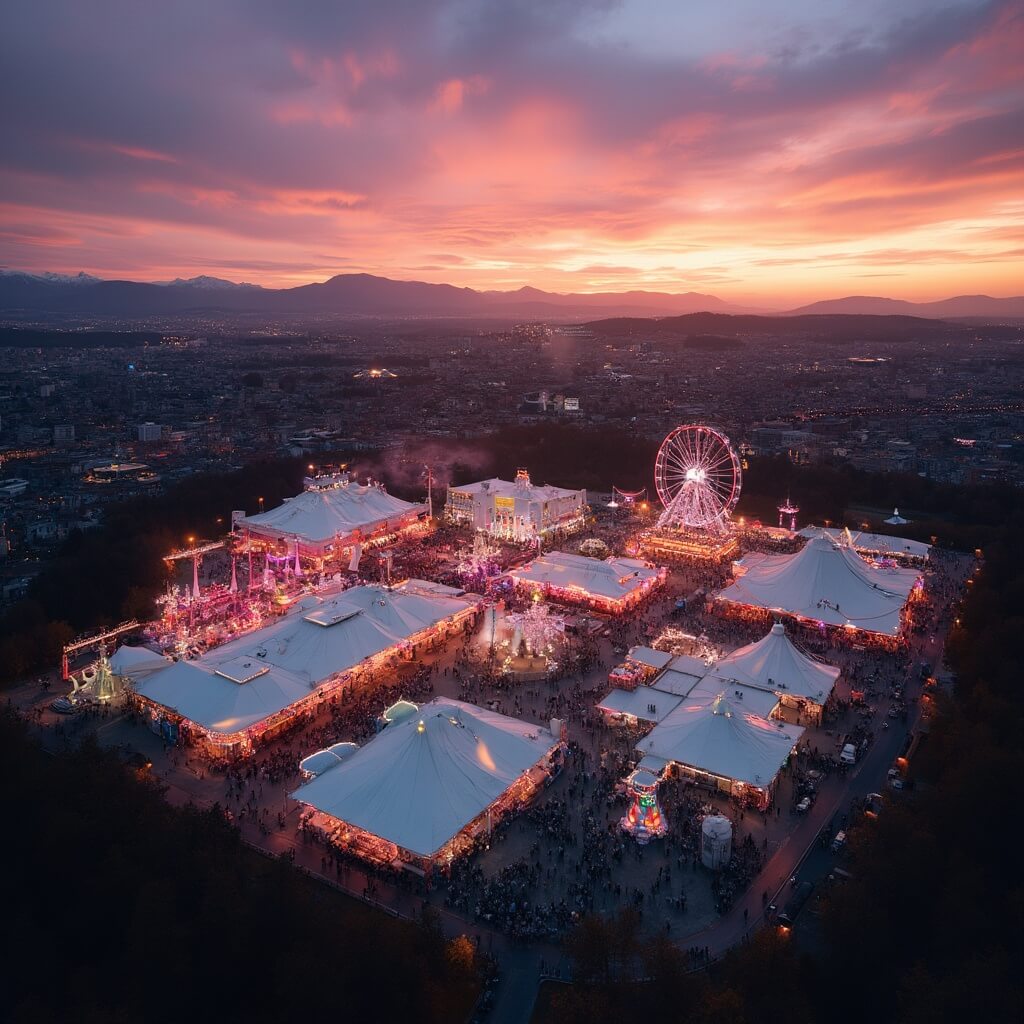 Aerial view of Theresienwiese fairgrounds at sunset with illuminated festival tents, carnival rides and ferris wheel, Munich cityscape and Alps in the distance