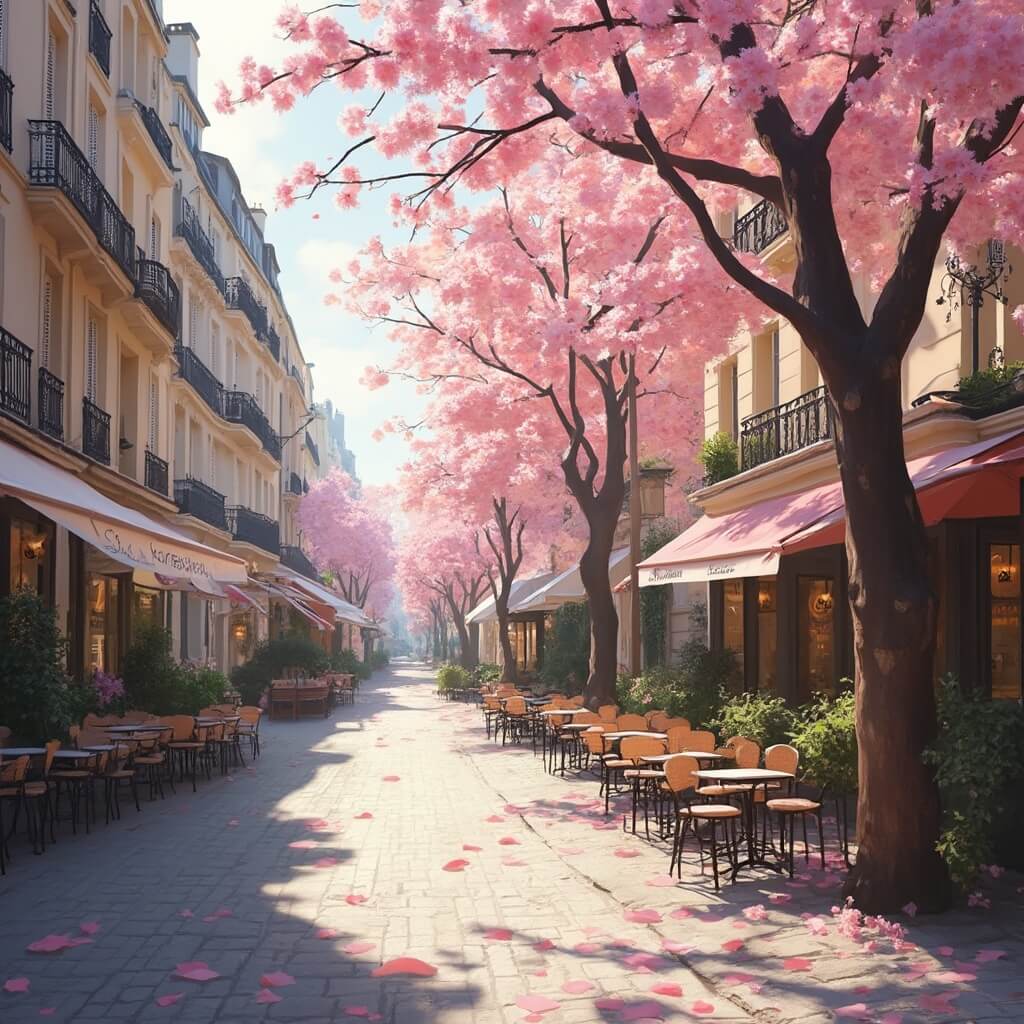 Sunlit Parisian street corner in spring with historic buildings, cherry trees in bloom along cobblestone street, pastel-colored café terraces and morning light creating long shadows