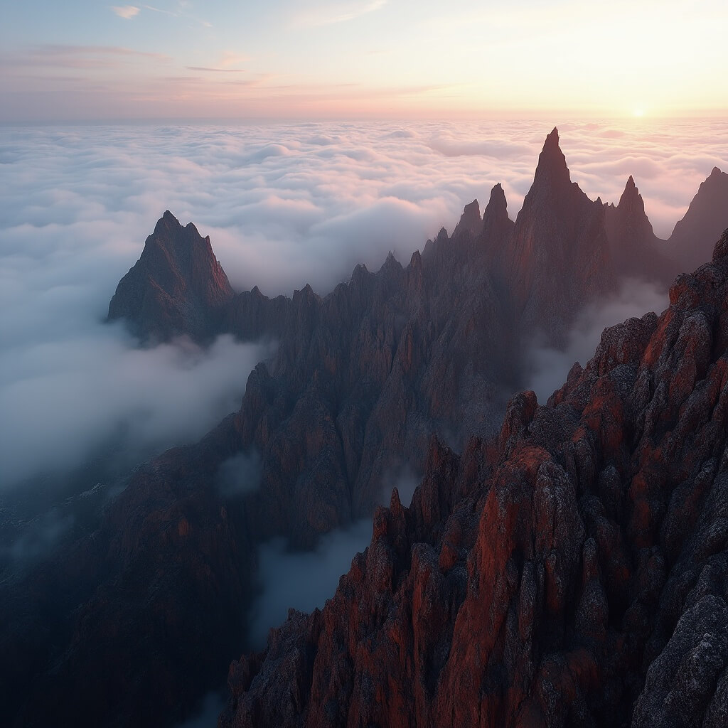 Sunrise over Pico do Arieiro's volcanic peaks emerging from a cloud blanket, casting shadows on valleys with distant ocean views, highlighted by warm morning light