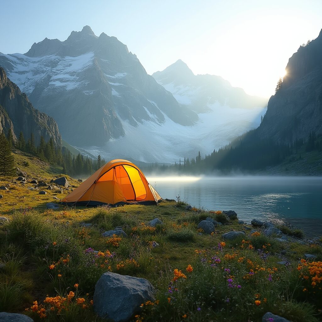 Serene backcountry campsite in a valley with Rocky Mountain peaks at sunrise, morning mist, a tent near alpine wildflowers, and snow-capped mountains reflecting in a clear lake.