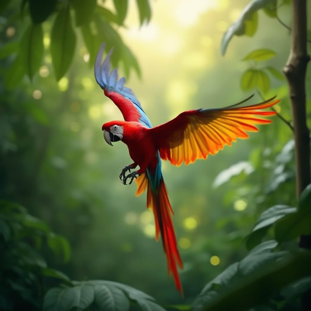 Scarlet macaw flying in sunlit rainforest canopy