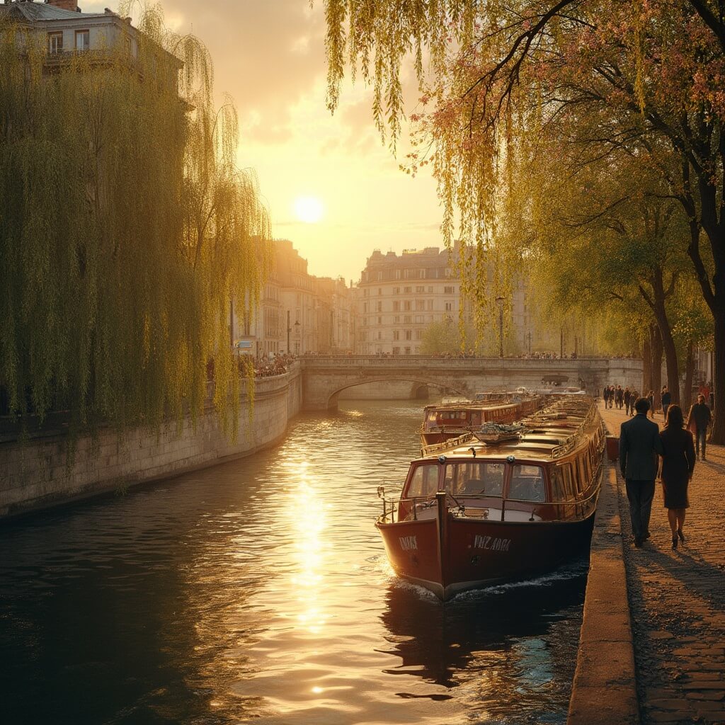 Couples strolling beneath flowering chestnut trees on riverside promenade, riverboats moored by stone embankment and weeping willows alongside Seine River at sunset.