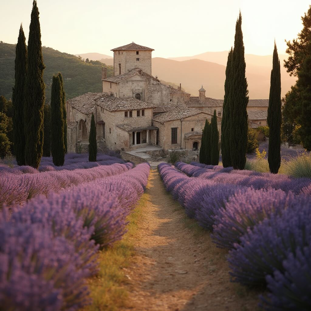 Sénanque Abbey at golden hour, with manicured lavender rows leading to the ancient monastery, surrounded by cypress trees and rolling hills