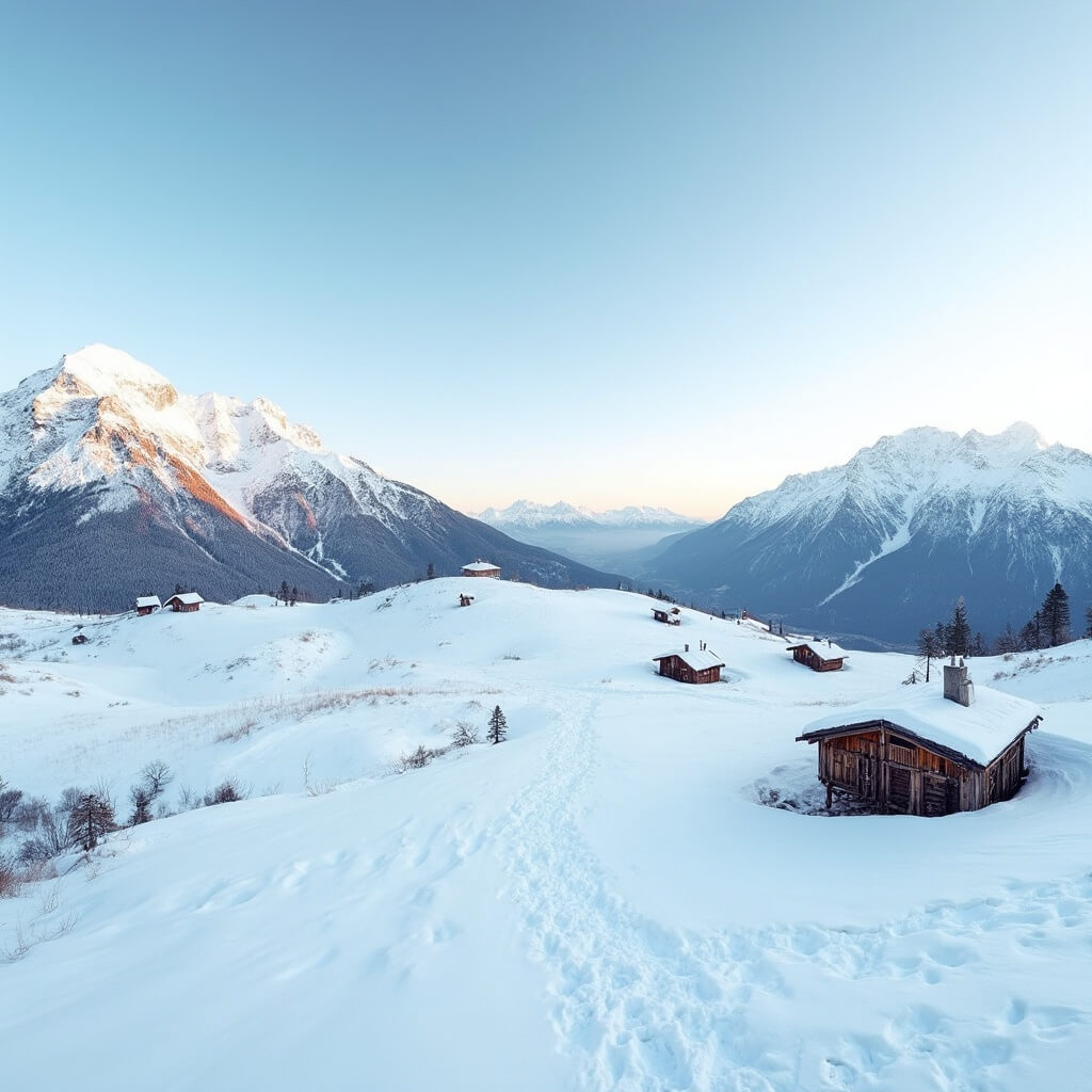 High-angle view of snow-covered Alpe di Siusi plateau with traditional wooden huts and Langkofel and Schlern mountains under a clear blue sky in winter