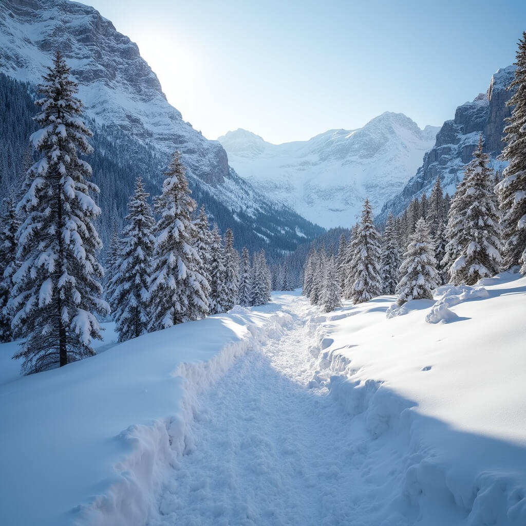Snow-covered trail through Val Fiscalina valley with towering peaks, powdered pine trees and long afternoon shadows on snow