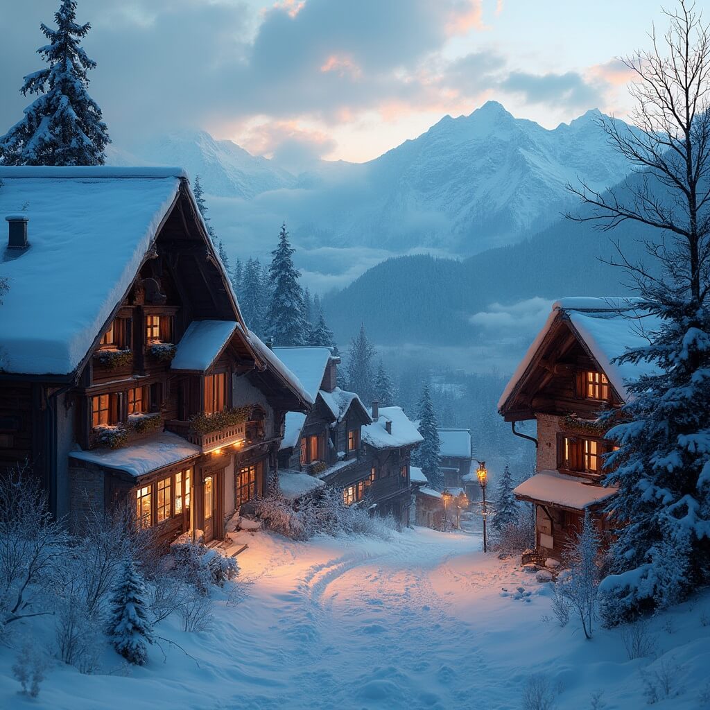 Traditional Swiss mountain village at dusk with glowing chalet windows, snow-covered buildings, smoke from chimneys, and mountain peaks in the backdrop