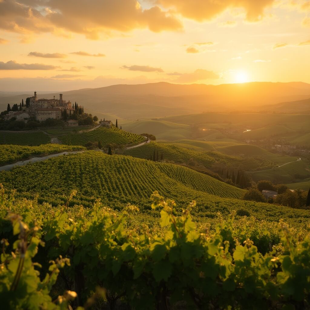 Panoramic view of sunlit Tuscan vineyards at sunset with a medieval village at a distance, and cypress trees scattered across the landscape