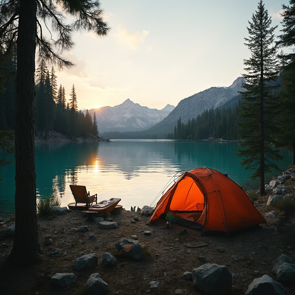 Tent near Two Jack Lakeside shoreline during golden hour with turquoise lake, dense pine forest, and mountain silhouettes in the background
