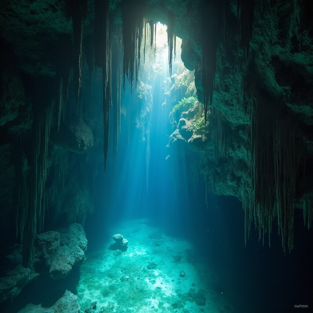 Underwater view of a cenote cave with stalactites and stalagmites, illuminated by artificial diving lights