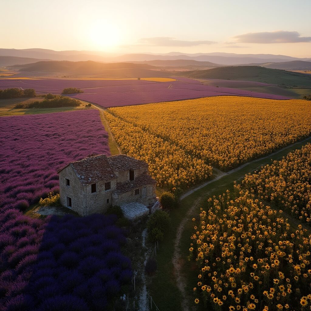 Aerial view of geometric lavender fields on Valensole Plateau at sunrise, with a stone farmhouse and sunflower fields in the distance