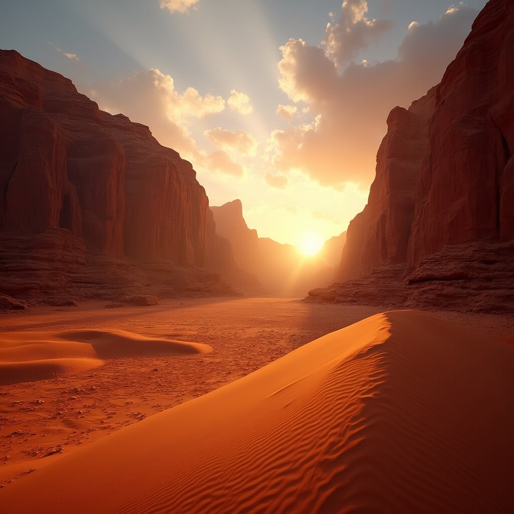 Sunset over massive red sandstone mountains and endless dunes in Wadi Rum