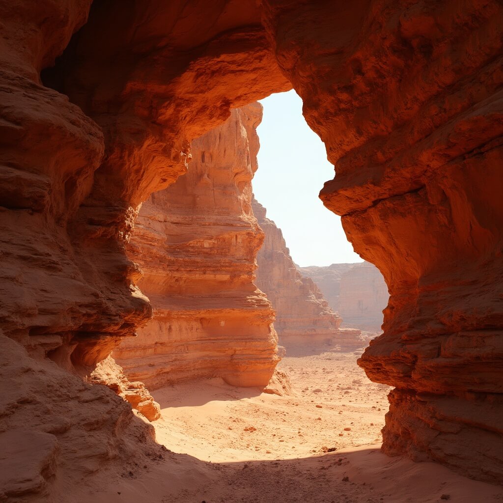 Ancient red rock formations with wind-carved patterns in Wadi Rum, highlighted by side lighting, with a rock arch framing distant desert