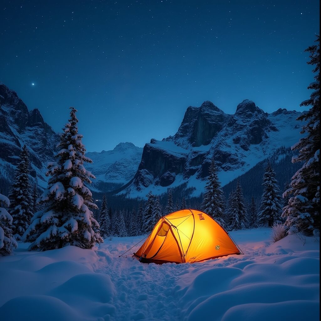 Illuminated tent amidst fresh snow at Tunnel Mountain Campground with frost-covered evergreens and Canadian Rockies under starry night sky