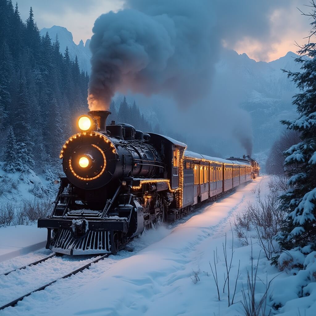 Vintage steam train adorned with Christmas lights travelling through snowy mountain landscape at dusk