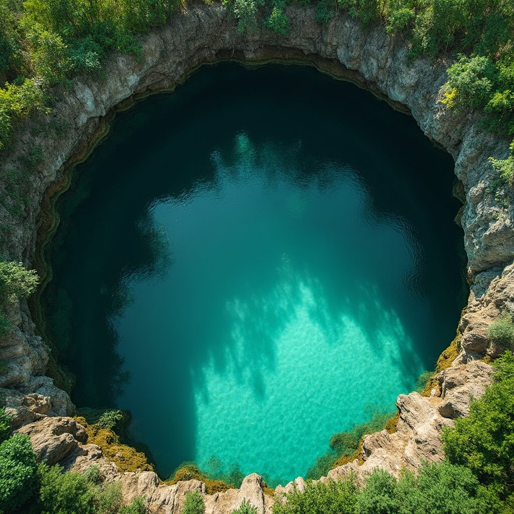Aerial view of a circular cenote with turquoise waters in the Yucatan jungle, surrounded by greenery and sunlit limestone walls