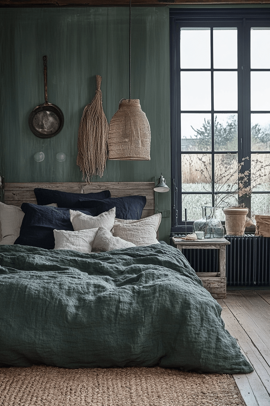 moody green bedroom