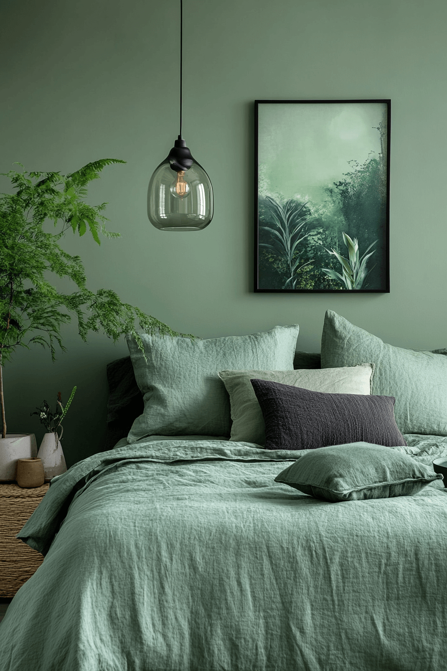moody green bedroom