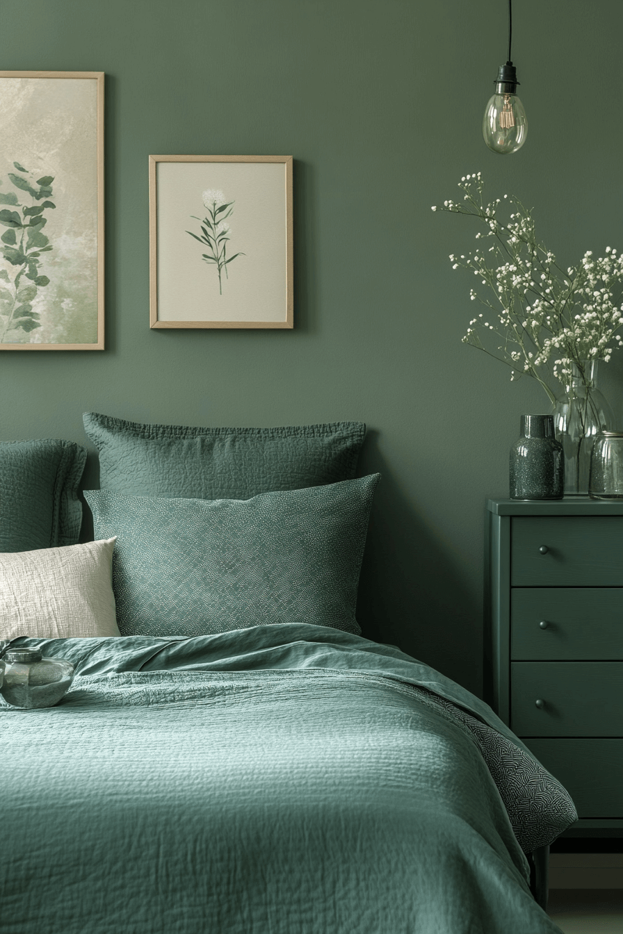 moody green bedroom