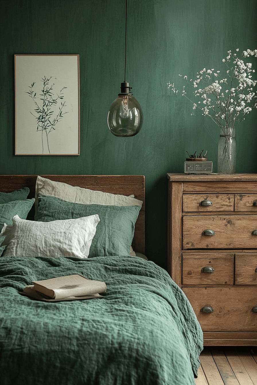 moody green bedroom