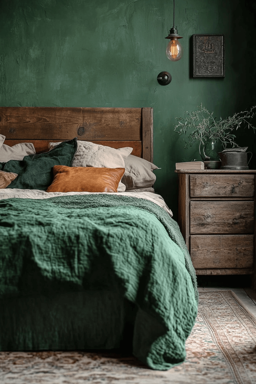 moody green bedroom