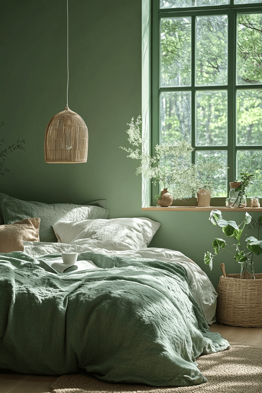 moody green bedroom