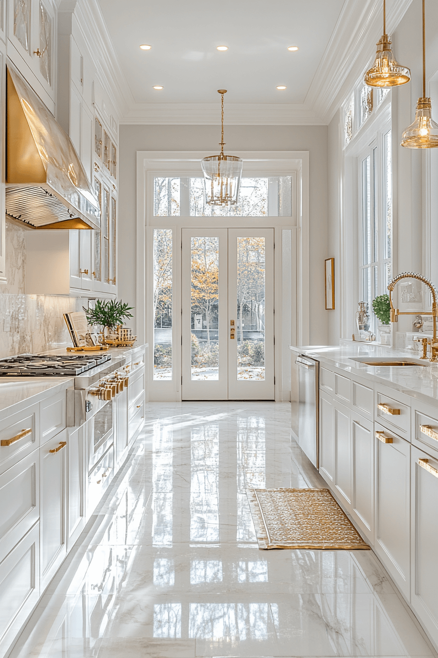 white and gold kitchen