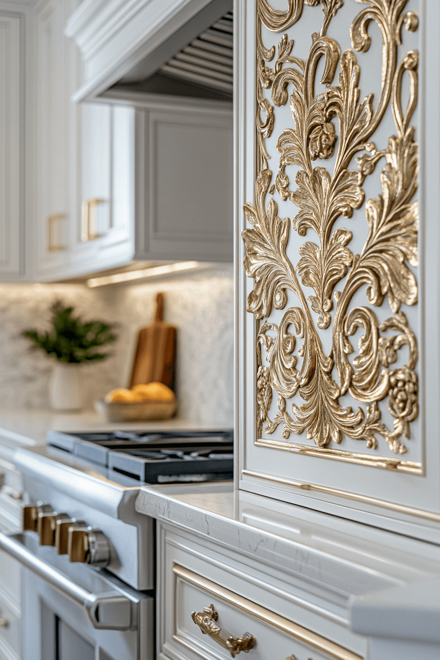 white and gold kitchen