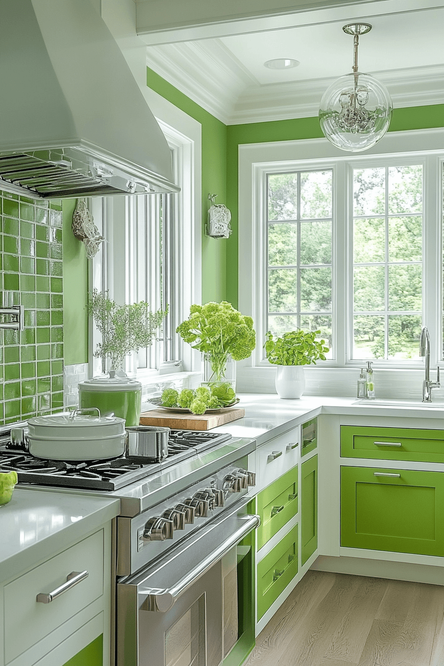 green and white kitchen