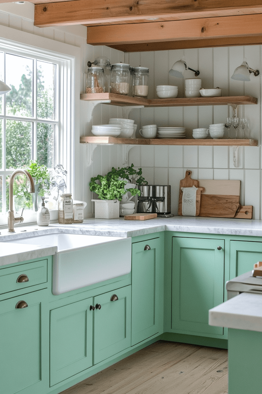 green and white kitchen