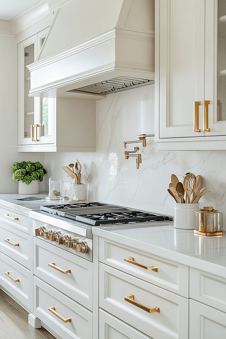 white and gold kitchen