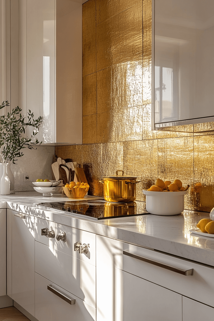 white and gold kitchen
