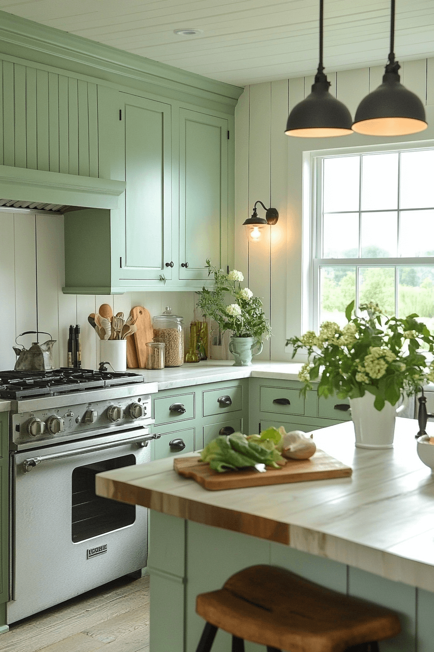 green and white kitchen