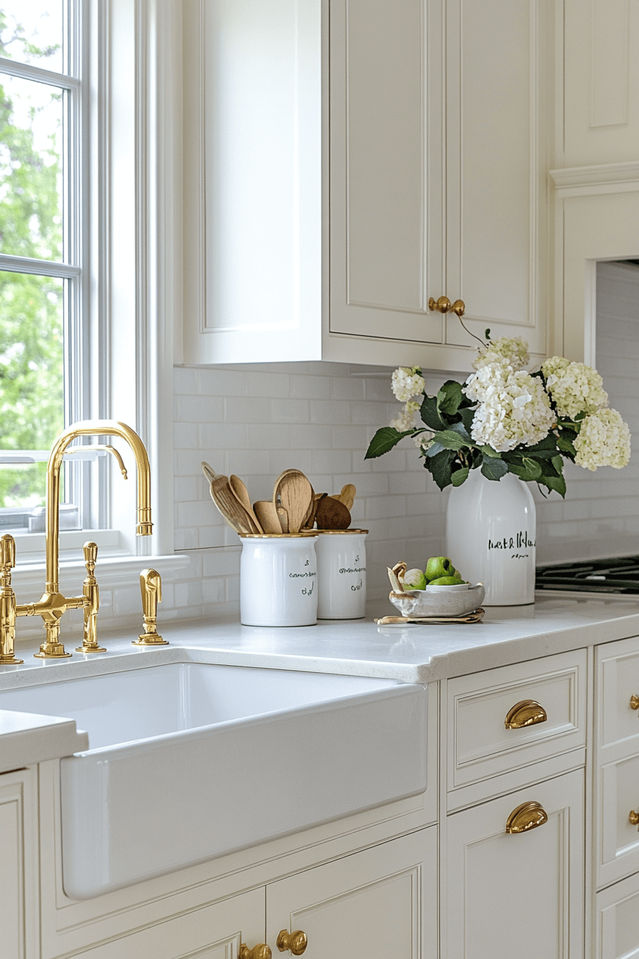 white and gold kitchen