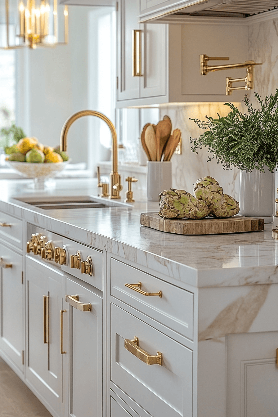 white and gold kitchen