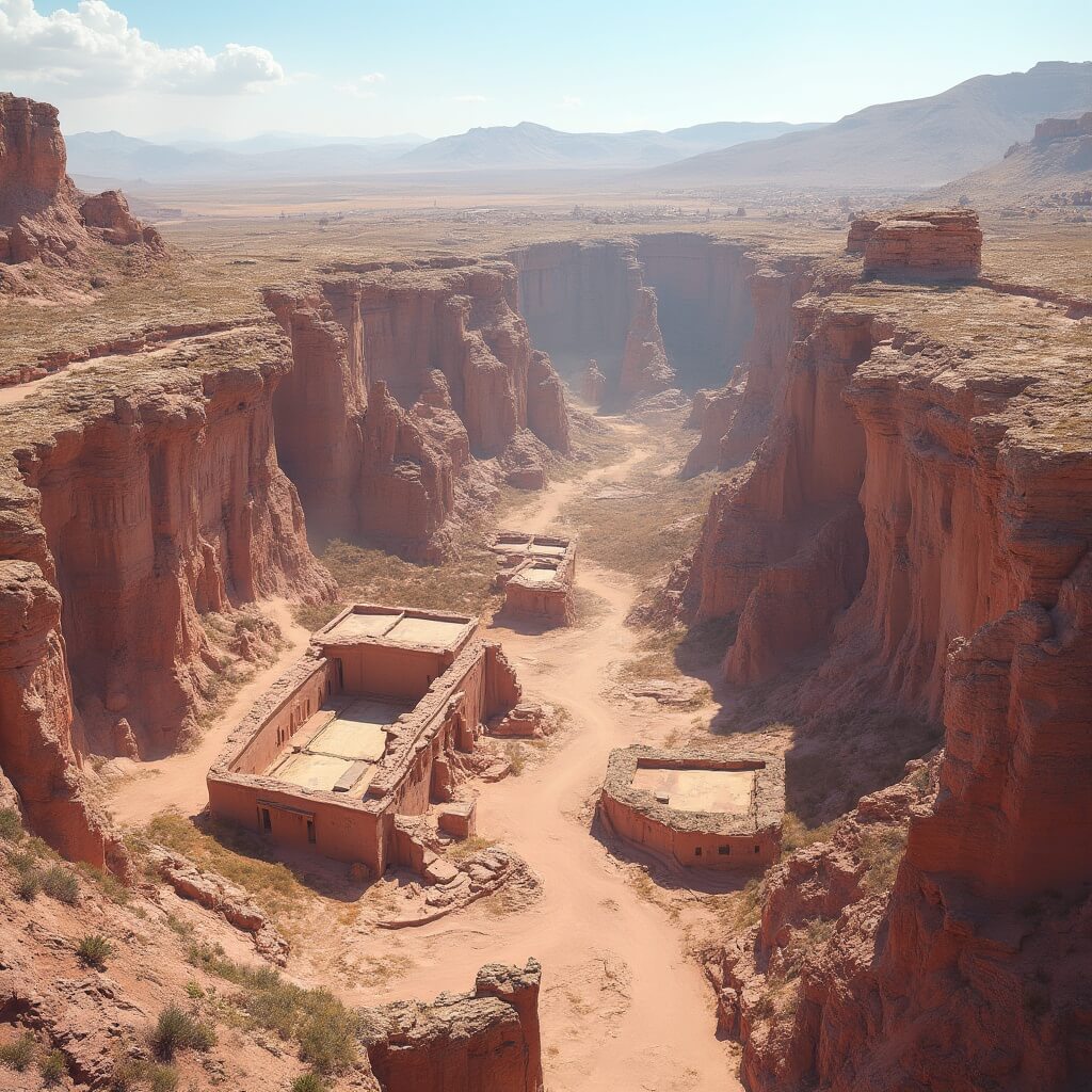 Rock-cut structures and buildings of an ancient city carved into large pink stone cliffs, with distant mountains in the background