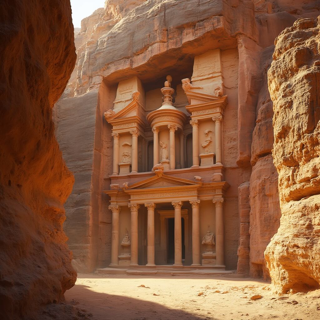 Ancient Nabataean carved rock facade illuminated by early morning sunlight, showcasing detailed craftsmanship with no modern elements