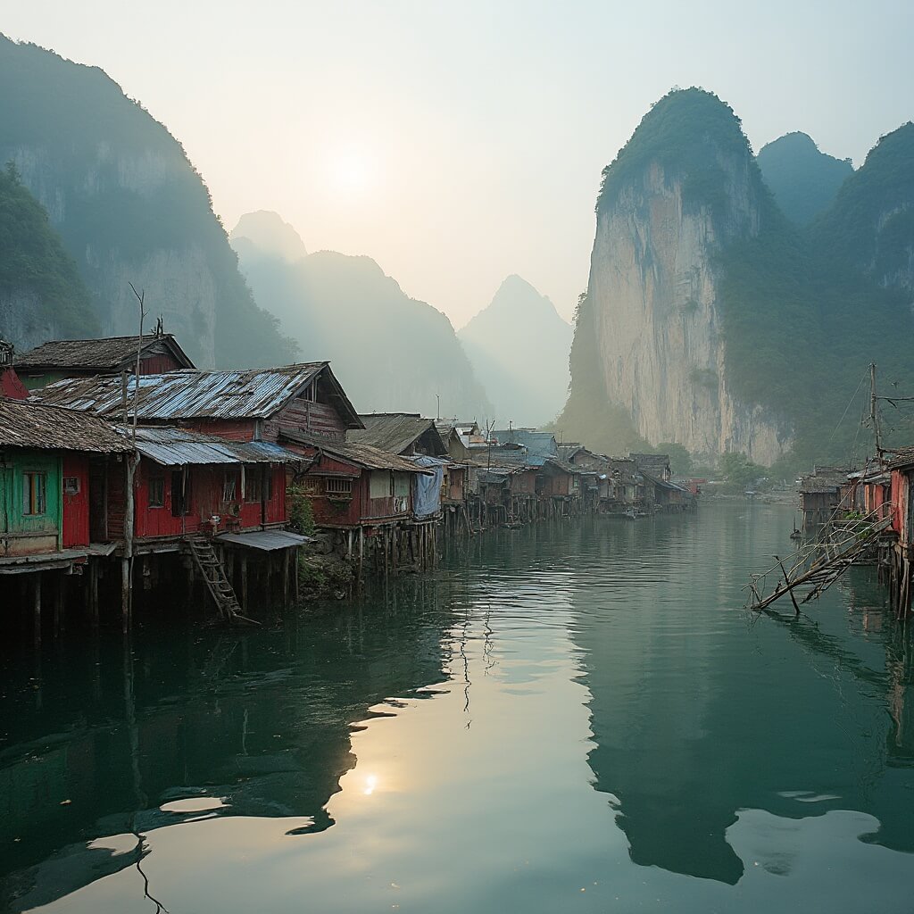 Traditional floating fishing village with colorful stilt houses at golden hour, with limestone mountains in the background