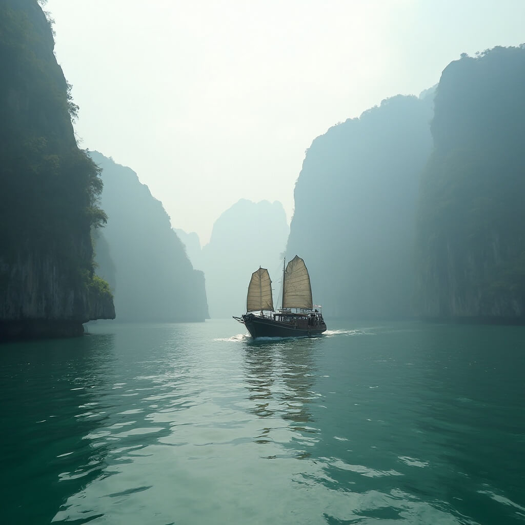 Traditional wooden junk boat navigating misty Halong Bay surrounded by limestone karsts and emerald waters reflecting morning light