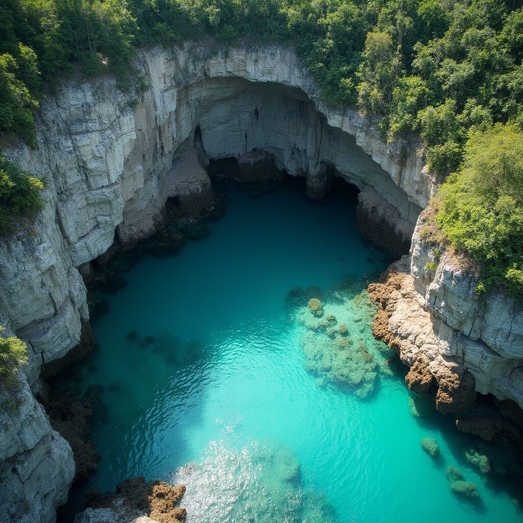 Aerial view of a secluded lagoon with turquoise waters, surrounded by towering limestone formations and lush green vegetation